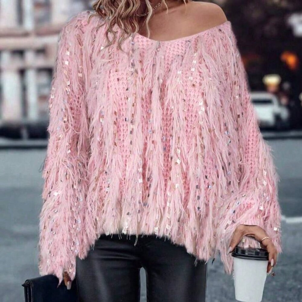 Pink Casual Women's V-Neck Fringe Sequin Knit Sweater